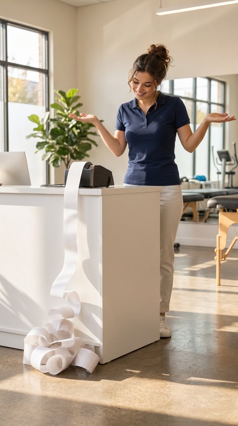 A physio at her clinic front desk