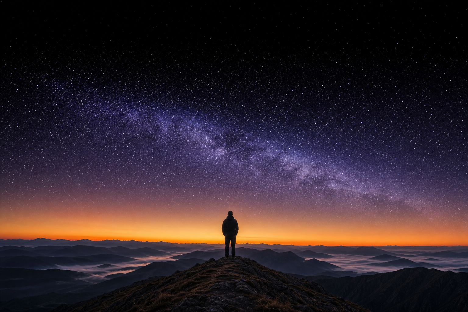 Solo figure on a mountain ridge at dawn, starry sky filling the upper portion