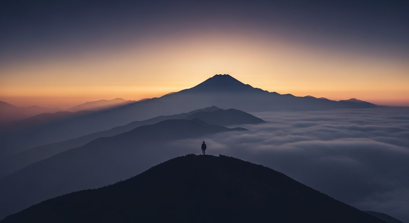 A lone figure on a mountain summit at dawn gazing toward a higher distant peak above a sea of cloud