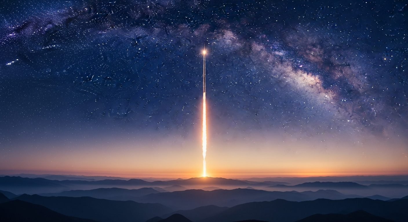 A rocket ascending through a starry night sky above distant mountains